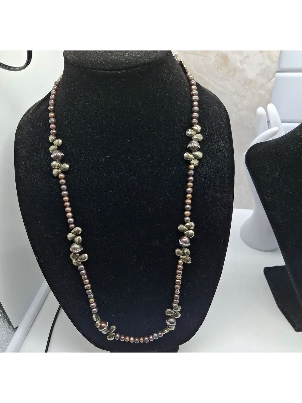 Sterling Silver & Pyrite & Genuine Pearl Beaded Necklace with Rhinestone Accents